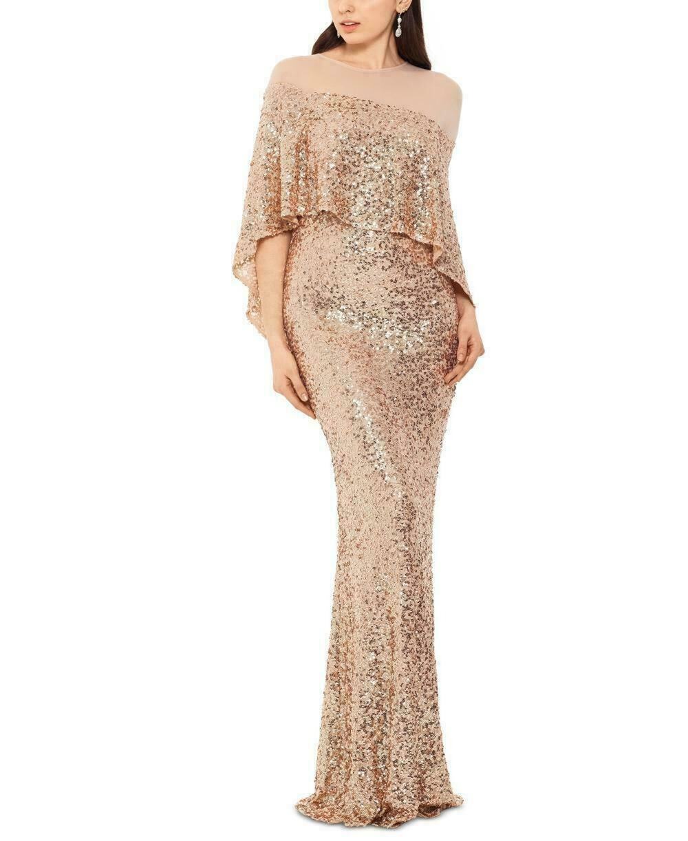 Betsy & Adam Sequin Mesh Overlay Gown Formal Dress Wedding Champagne Gold Size 4